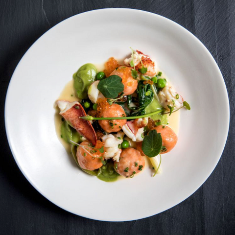 Lobster Gnudi with Bagna Cauda, Peas & Ramps